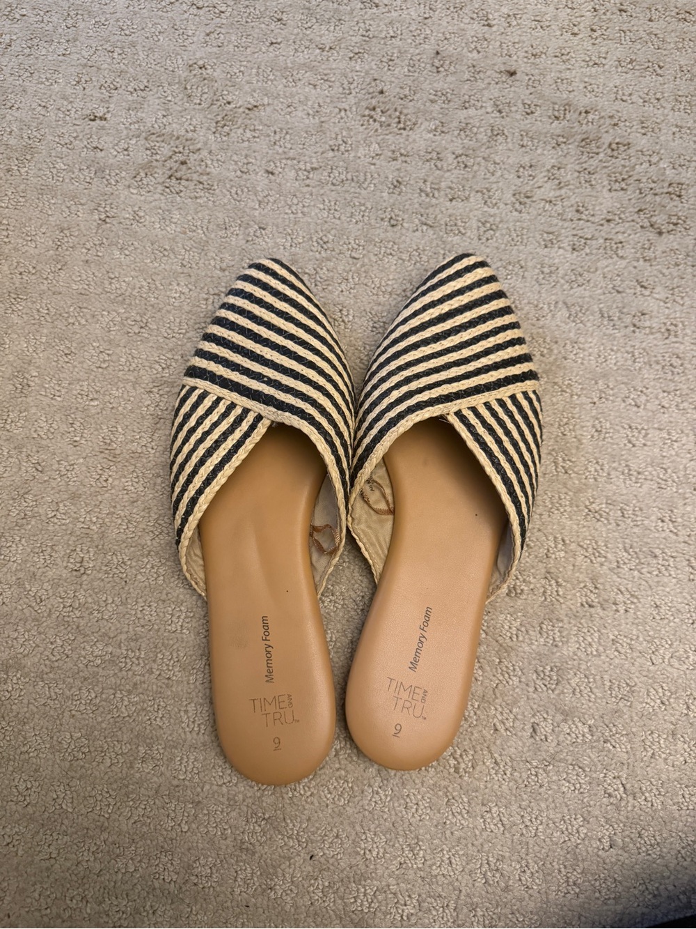 Time and Tru Striped Pointed Slip-On Mules in Black and Cream